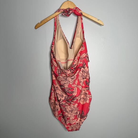 Isabel Maternity Floral Halter One Piece Swimsuit Coral Pink Peony Print L - Picture 5 of 8